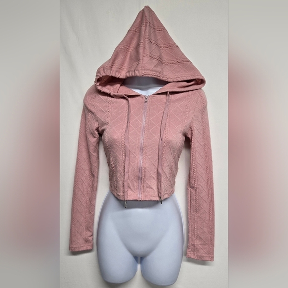 Dazy XS Cropped Hooded Jacket Sweater Zip Down Pink Ribbed Stretch - Picture 1 of 6